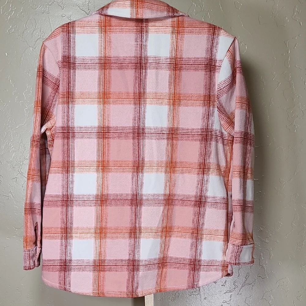 Old Navy Pink and Orange Peach Plaid Shacket Shirt Jacket Girls XL(14-16)